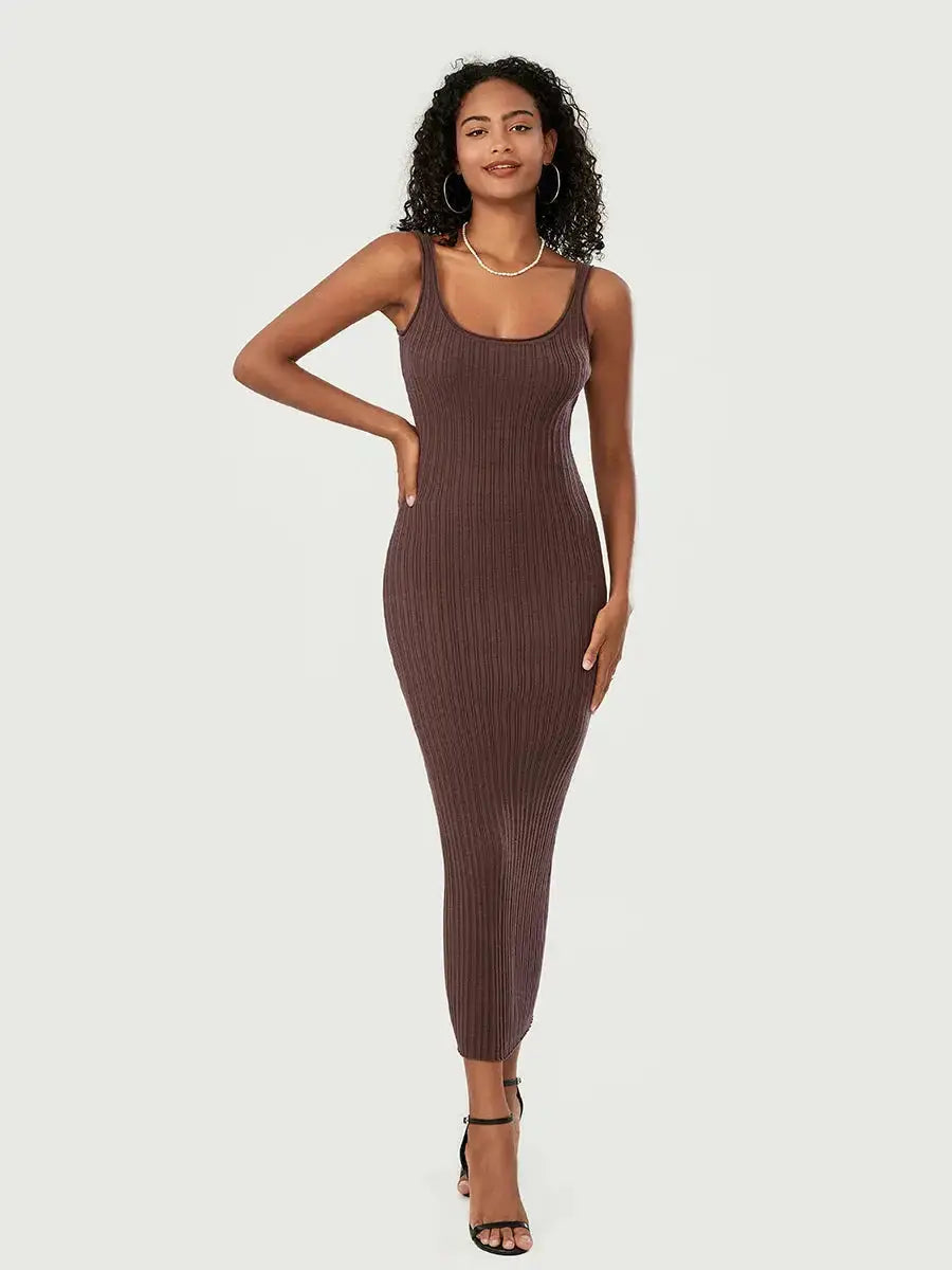Women’s sleeveless knit tank dress in chocolate brown with U-neck and ankle-length cut, styled for summer parties or casual outings.