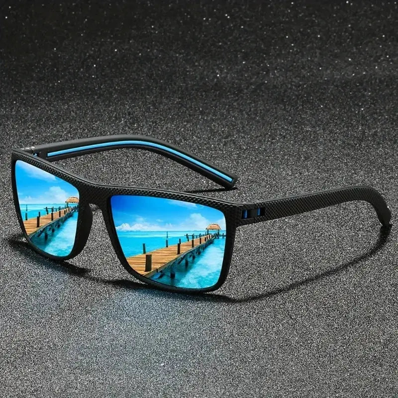 Ice blue lens vintage square polarized sunglasses with UV400 protection, showing a tropical pier reflection, perfect for outdoor activities.