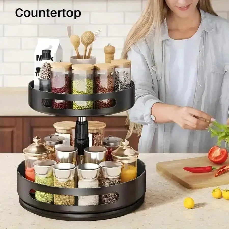 3 Tier Rotating Spice Rack with Polished Metal Organizer