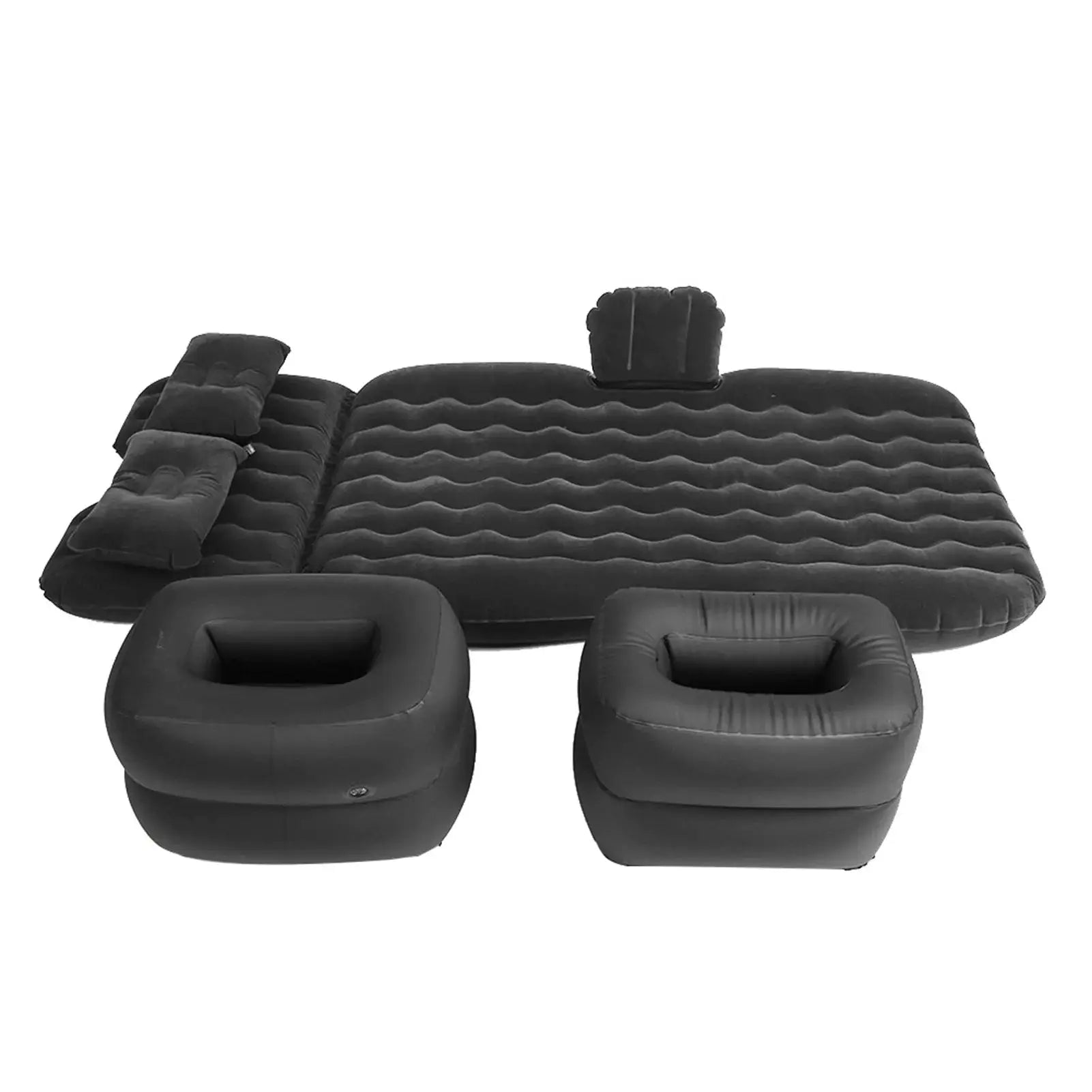 Black inflatable air mattress for car back seat with two square support cushions and backrest, perfect for outdoor and indoor travel.