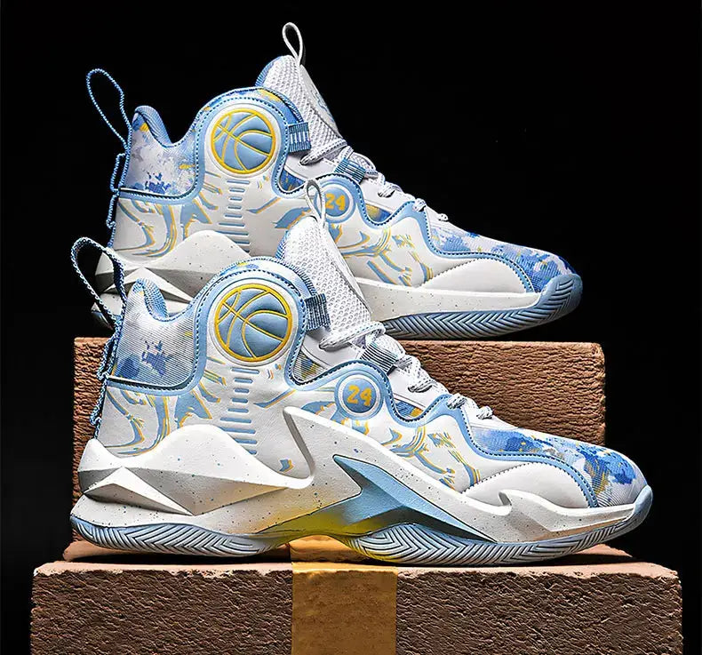 Men's non-slip breathable basketball shoes for outdoor training in blue and white with graffiti design and high-top ankle support.