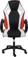 Red, white, and black gaming chair with quilted seat