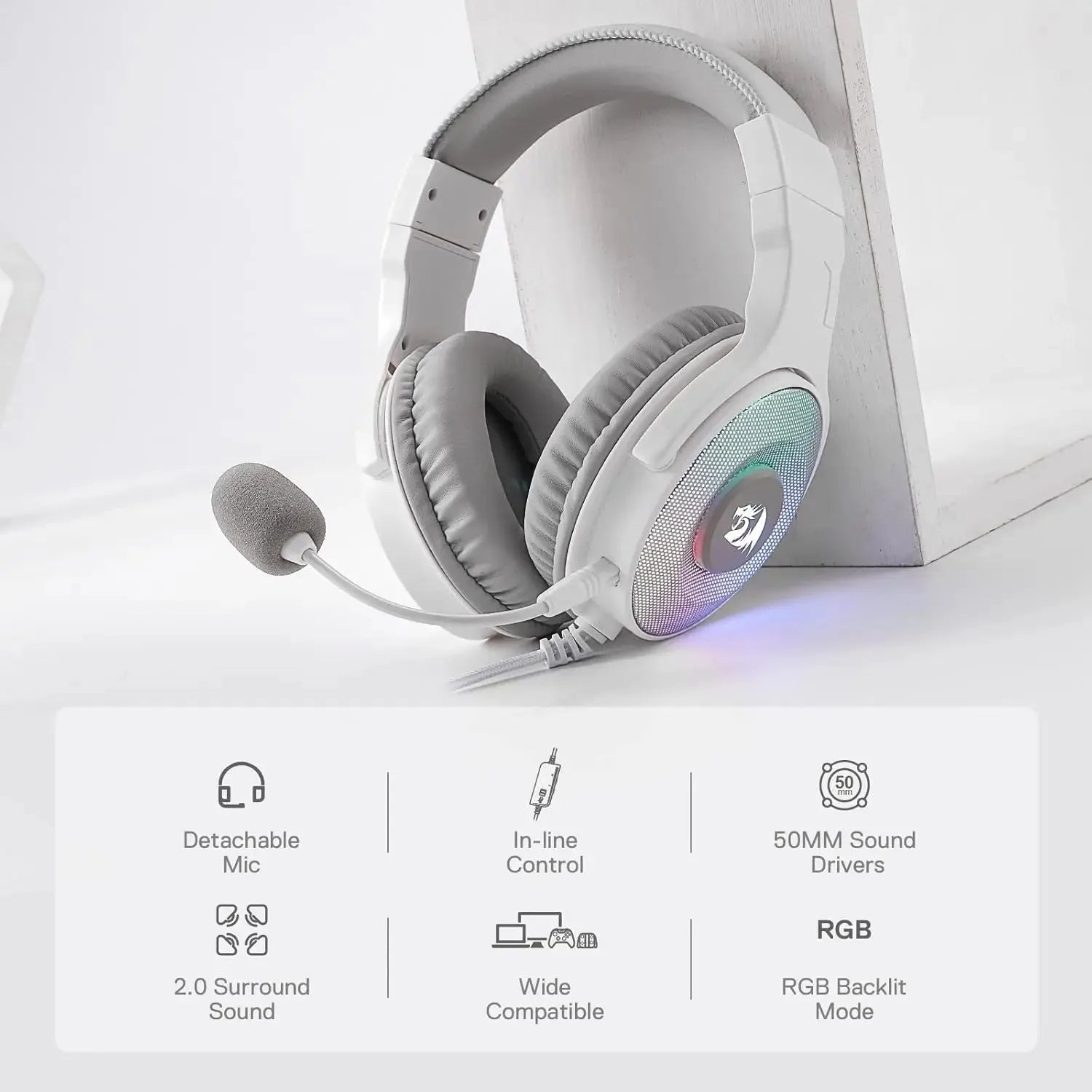 Redragon H350 Gaming Headset White RGB With 50mm Drivers