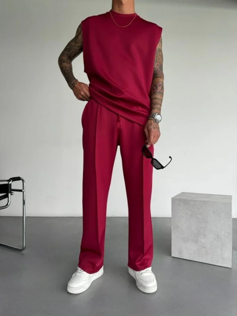 Red men's casual pants with elastic waist and modern straight fit.