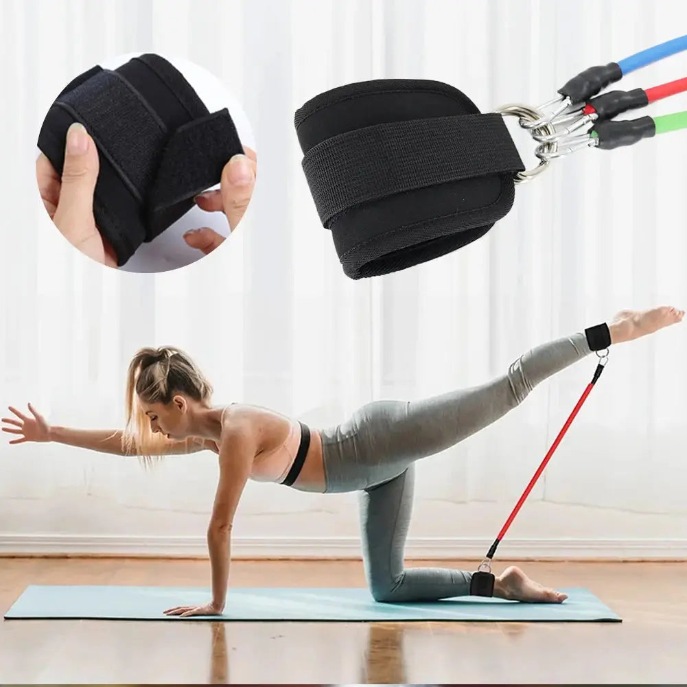 Leg resistance bands set with 3pcs ankle straps and adjustable fasteners used during floor workout for strength training and gym exercises.
