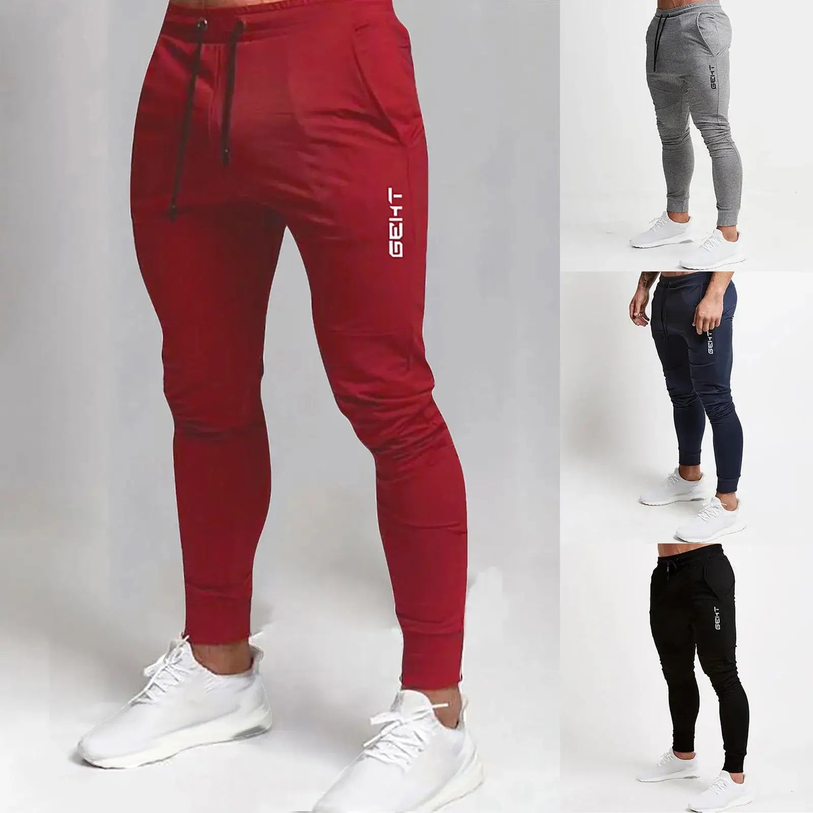 Men’s athletic jogger sweatpants with pockets in red, plus size fit for gym, running, or casual training. Features tapered legs and drawstring waist.