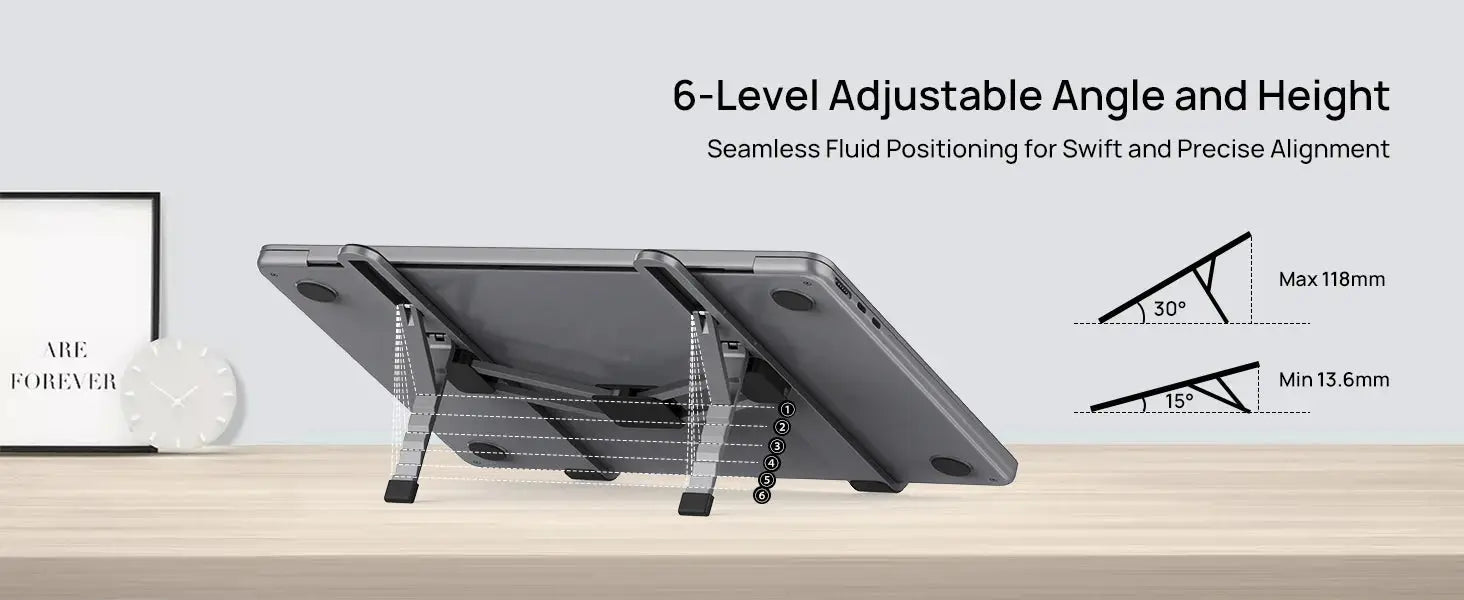 Foldable aluminum laptop stand with 6-level adjustable angle and height, ranging from 15° to 30° for ergonomic laptop positioning.