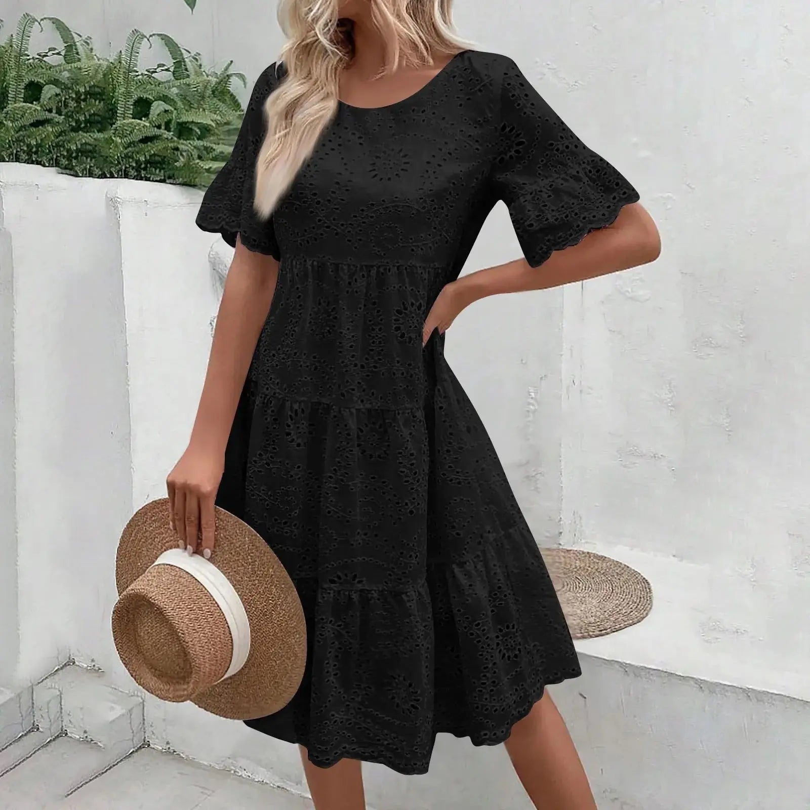 Women’s boho white lace dress, casual short sleeve sundress with pleats and hollow-out details