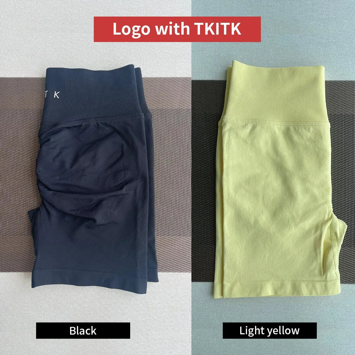 Women's 2-piece seamless workout set with soft compression shorts in black, featuring TKITK logo, ideal for gym and activewear use.