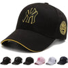 Black baseball cap with yellow embroidered letters