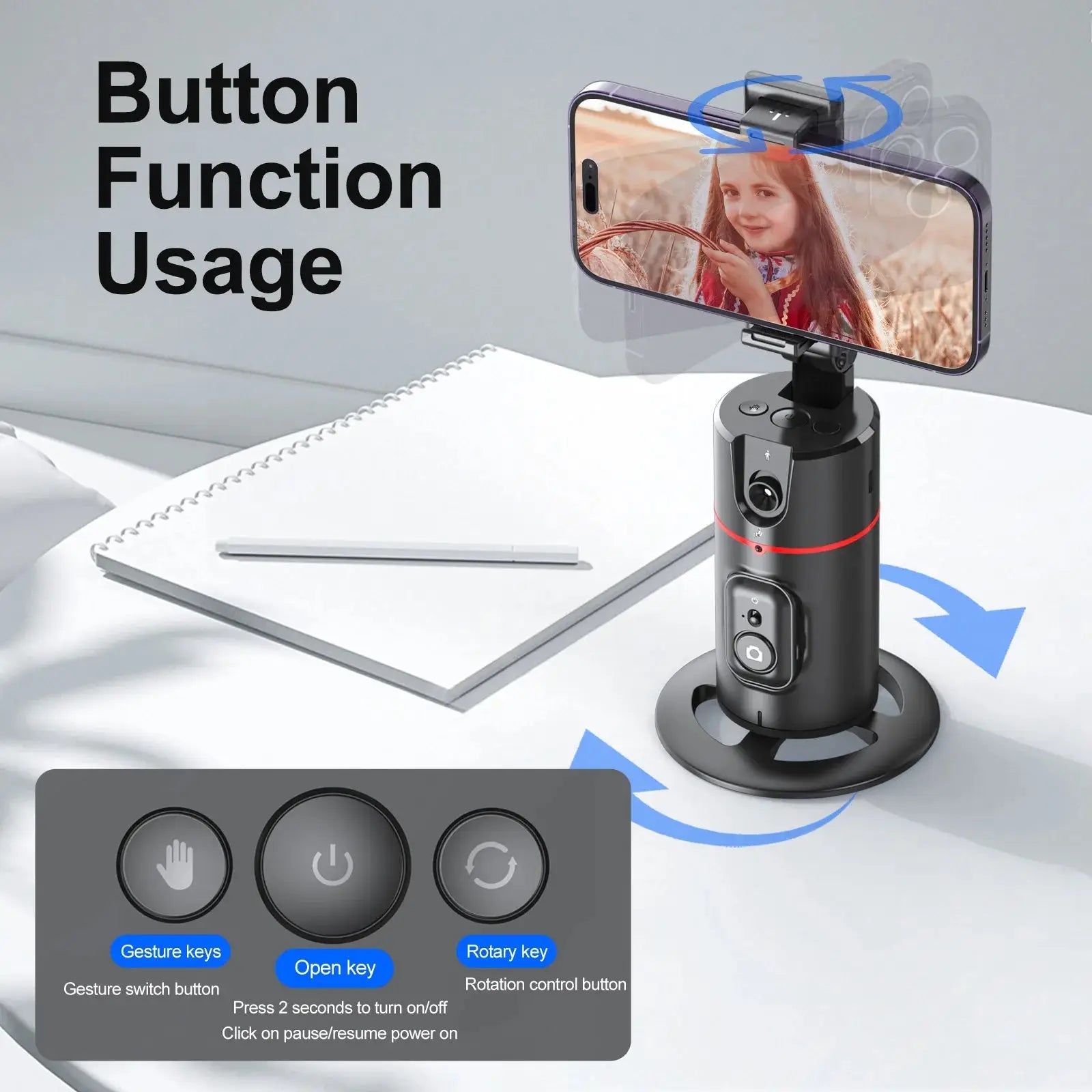 Button functions of 360° AI tracking gimbal stabilizer including gesture, power, and rotation keys for hands-free smartphone control.