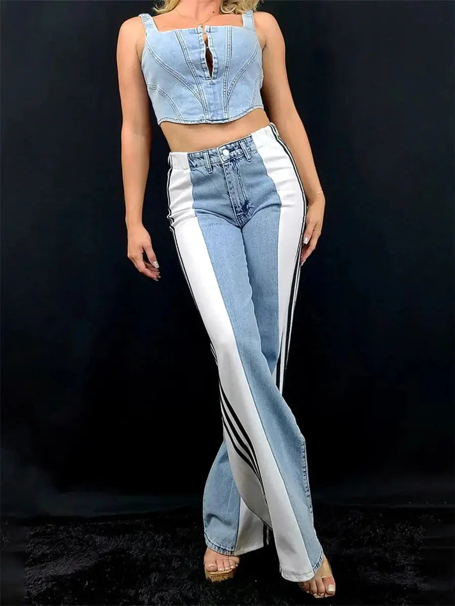 Front view of women’s high waist wide leg jeans with white side stripes and light denim center, stylish spring fashion pants.
