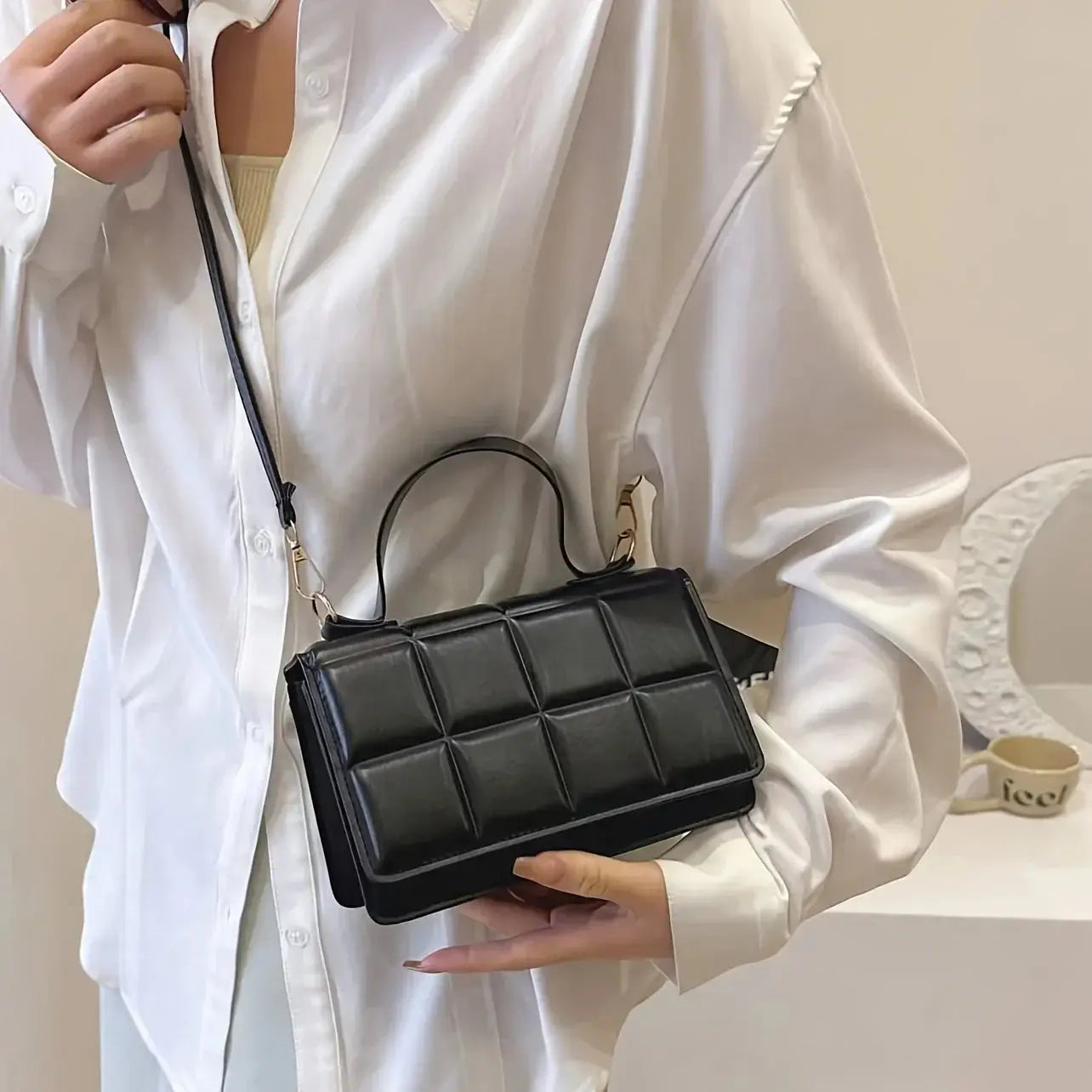 Women’s Mini Quilted Shoulder Bag | Solid Color Faux Leather Square Purse with Adjustable Strap