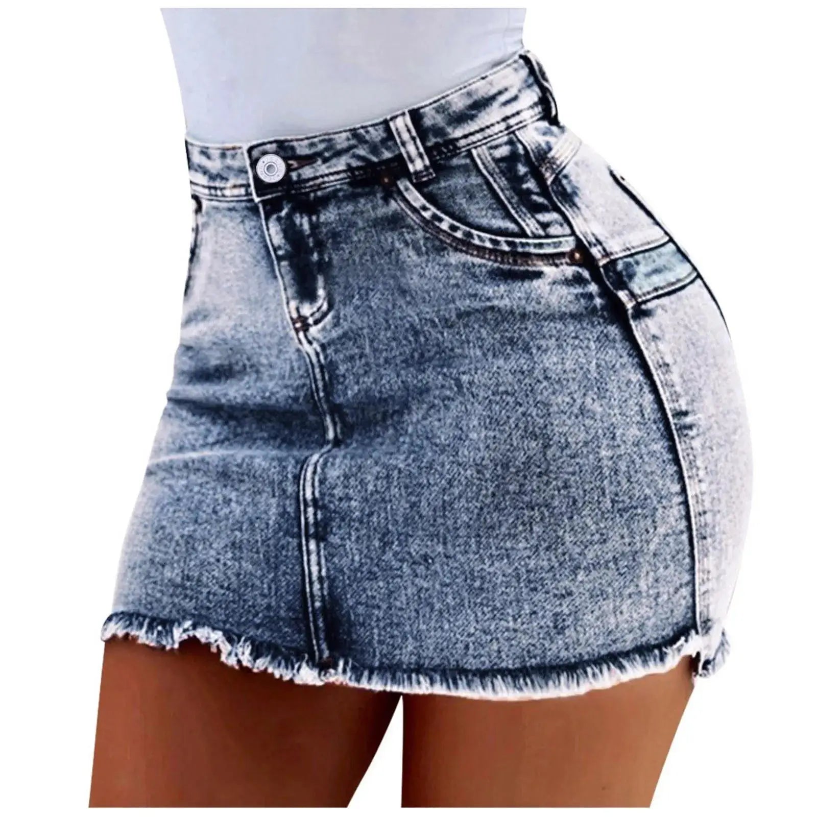 Women’s denim mini skirt, high-waisted summer style with washed finish and slim casual cut