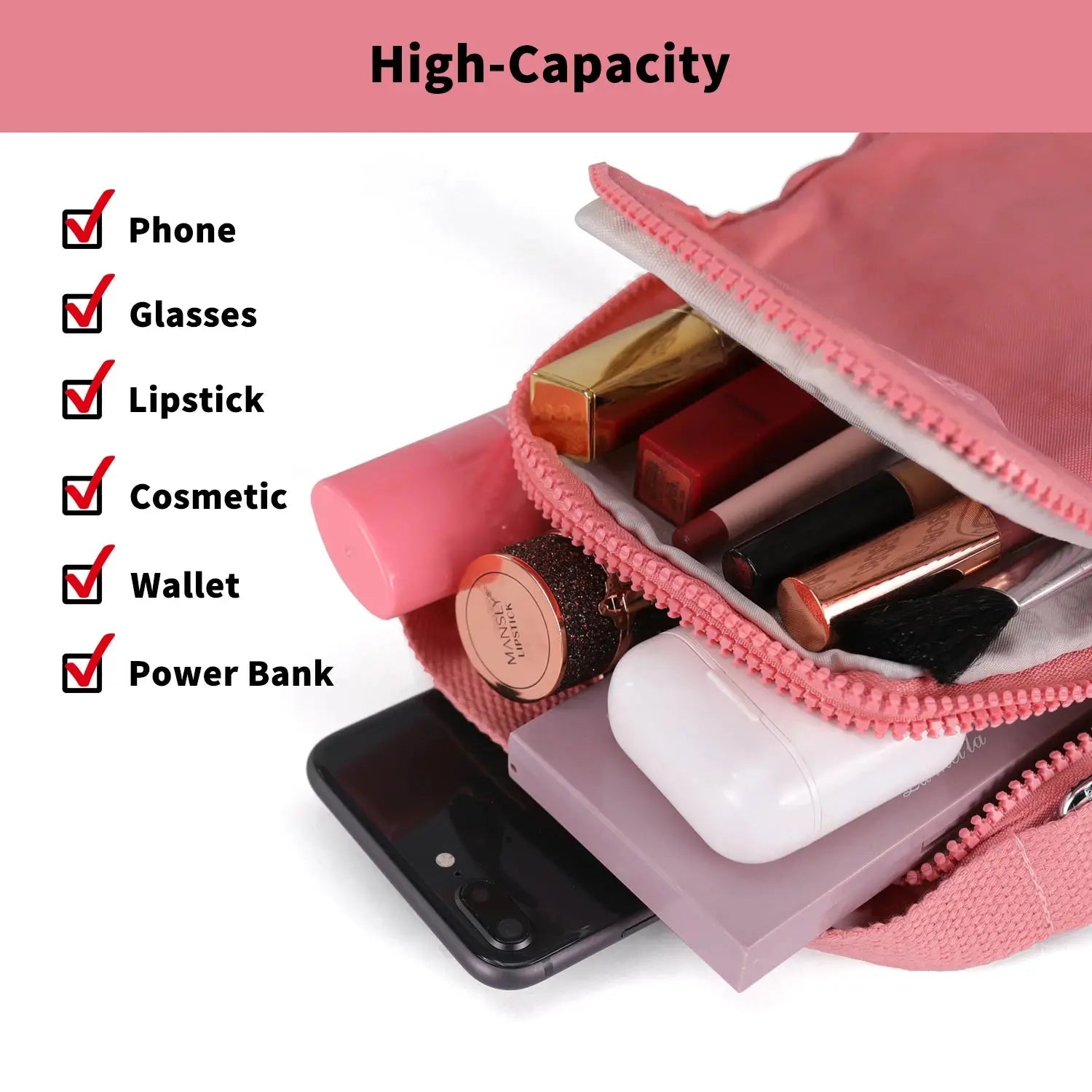 Interior view of pink lightweight women's crossbody bag showing high-capacity storage for phone, cosmetics, wallet, and power bank.