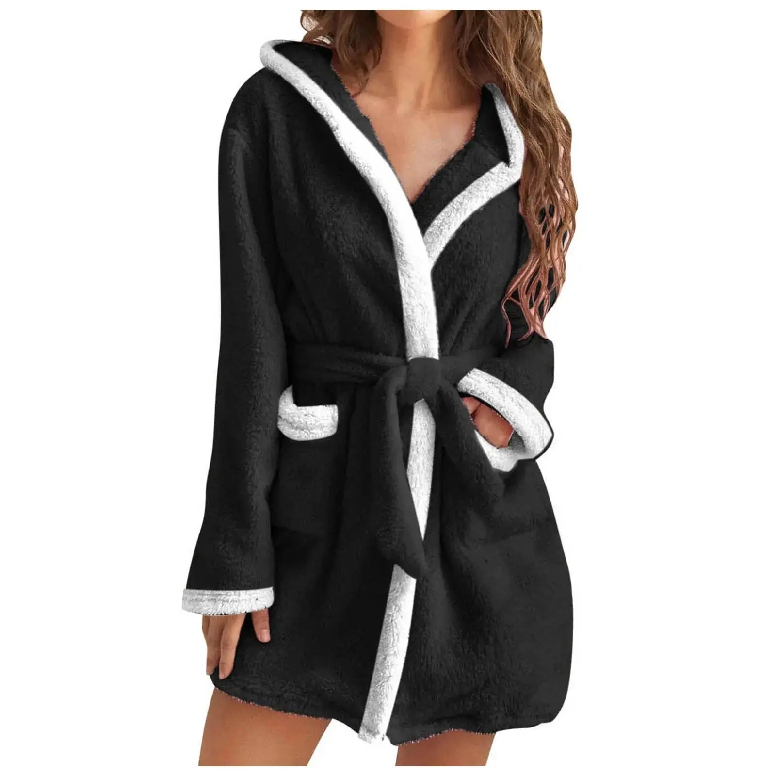 Women's fleece winter robe with hood, soft belted mini bathrobe with side pockets, ideal for lounging or bedtime