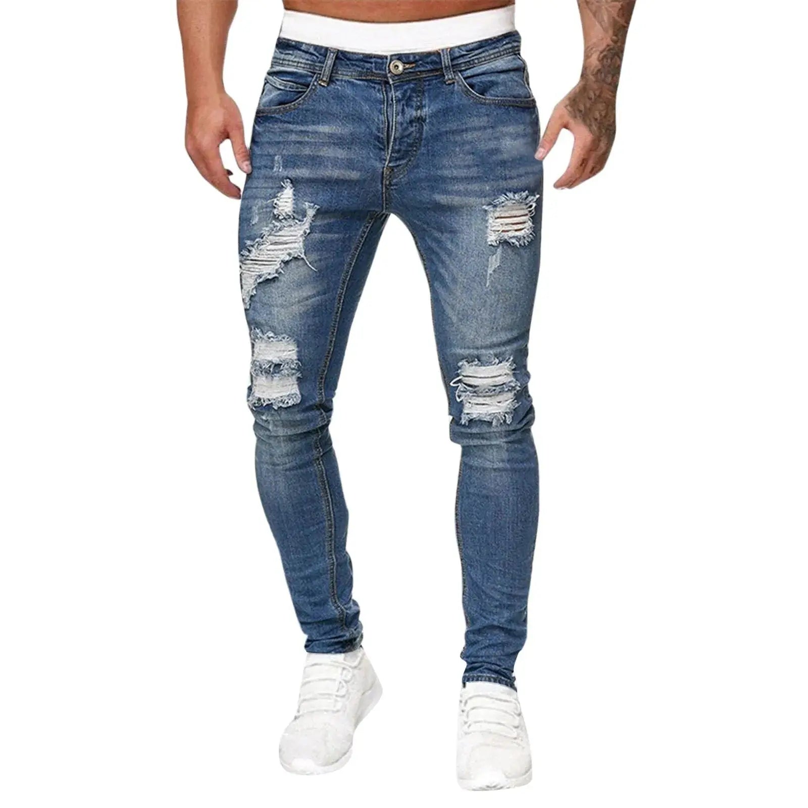 Men’s slim fit ripped jeans, white washed streetwear style, stretch denim with zipper closure, urban casual design