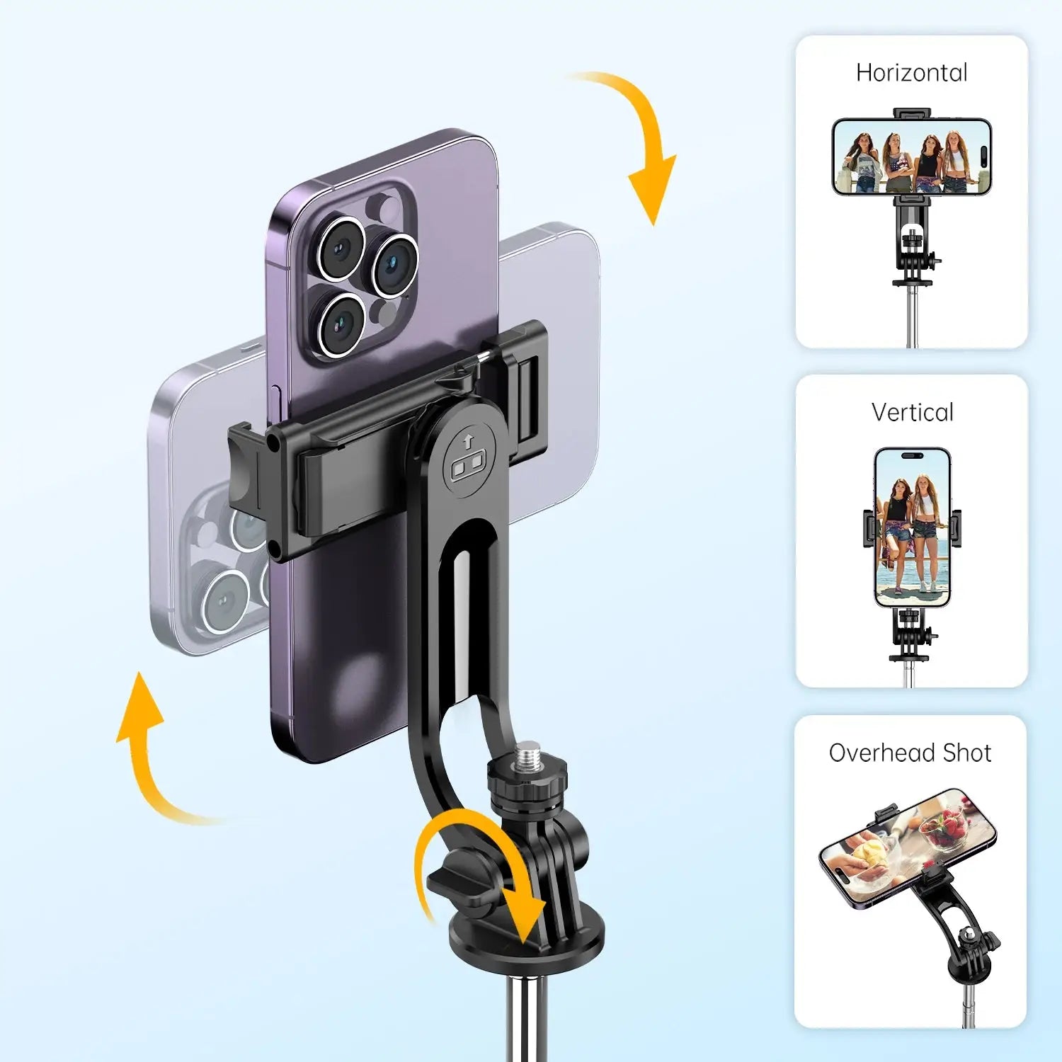 Adjustable phone holder on Bluetooth Selfie Stick Tripod supports horizontal, vertical, and overhead shooting angles for flexible content creation.