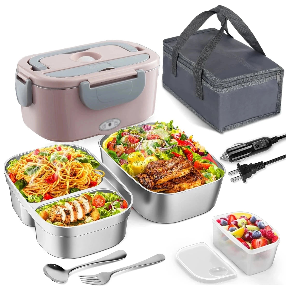 Pink electric lunch box set with 1.5L stainless steel container and power cables for car, truck, or home use.