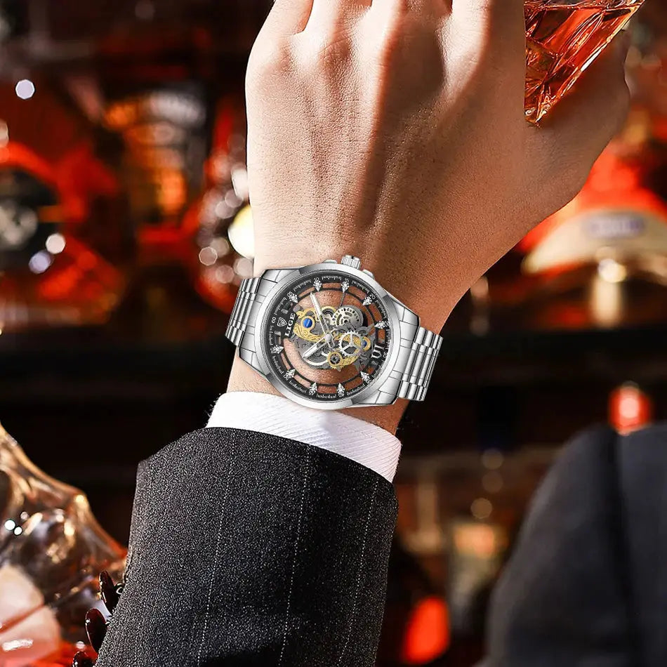 Men’s Skeleton  Watch Luxury Design Quartz Movement Waterproof Gift Box Included