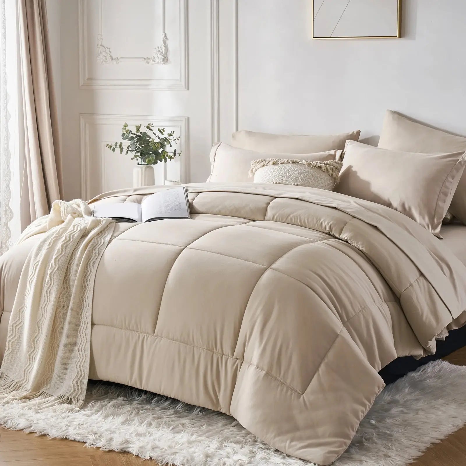 7-piece Queen bed-in-a-bag set with solid geometric comforter, sheets and pillowcases included
