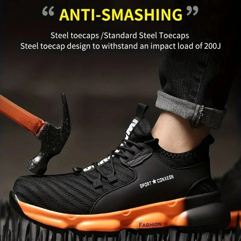 Breathable safety shoes with steel toe, anti-puncture sole, comfortable and stylish design