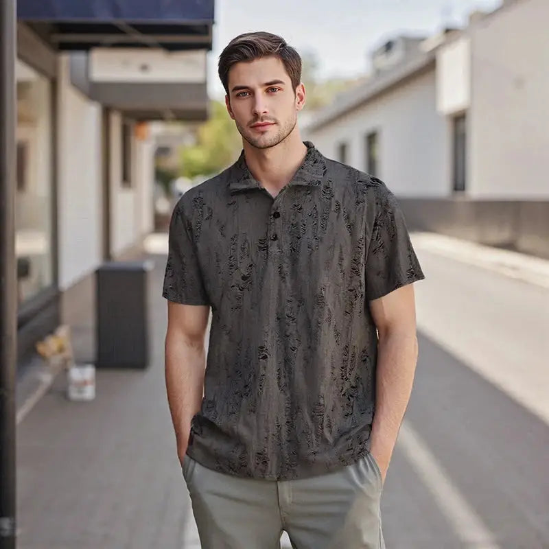 Men’s short sleeve T-shirt with buttoned V-neck and worn-look texture, styled for summer casual wear in charcoal gray.