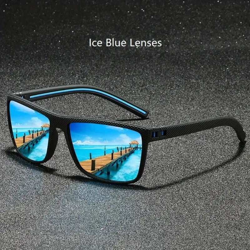 Ice blue lens vintage square polarized sunglasses with UV400 protection, showing a sunny pier view, great for beach and travel wear.