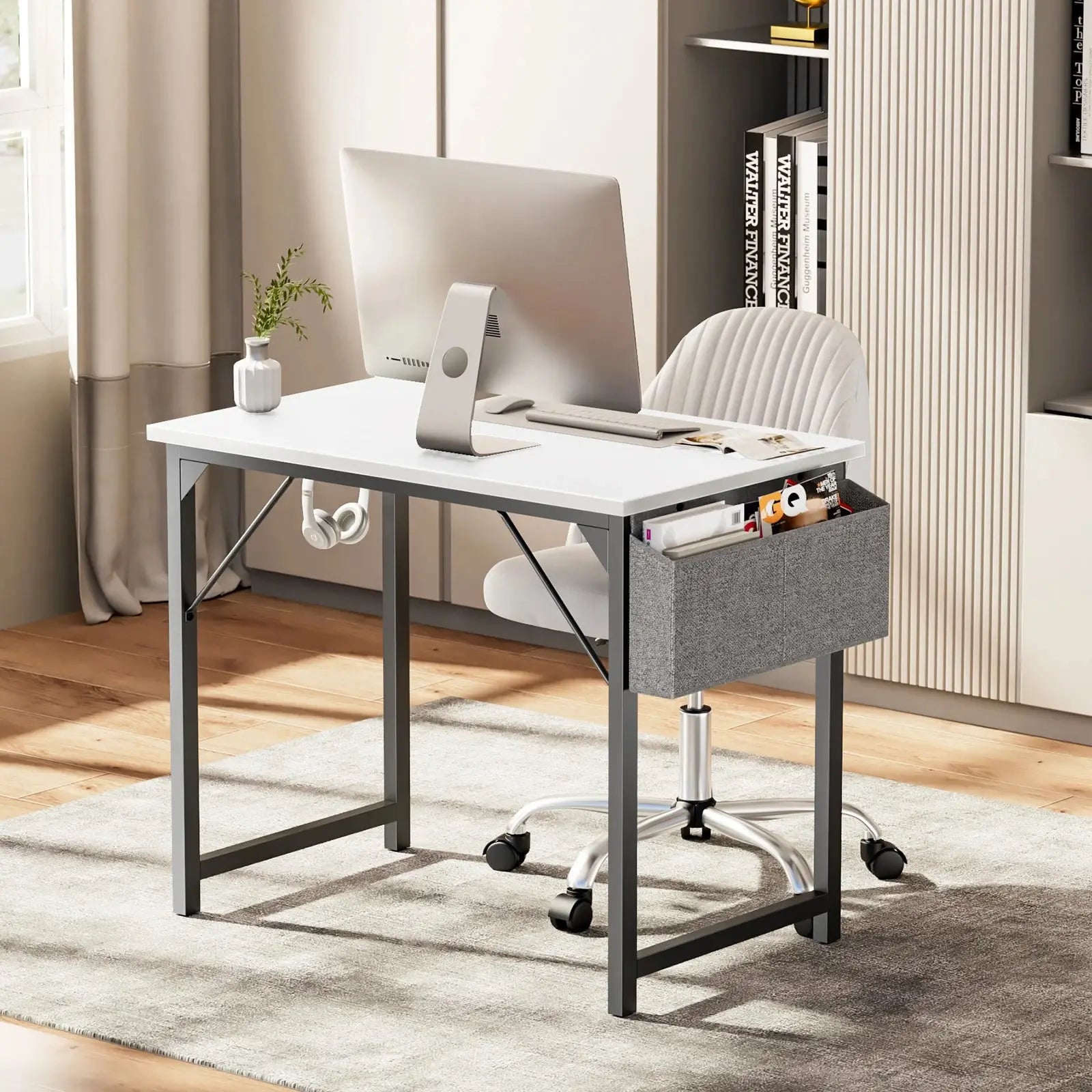 JHK Computer Desk – Modern Compact Office Table with Side Bag & Headphone Hook, Easy to Assemble