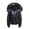 Glossy black winter down jacket with fur hood