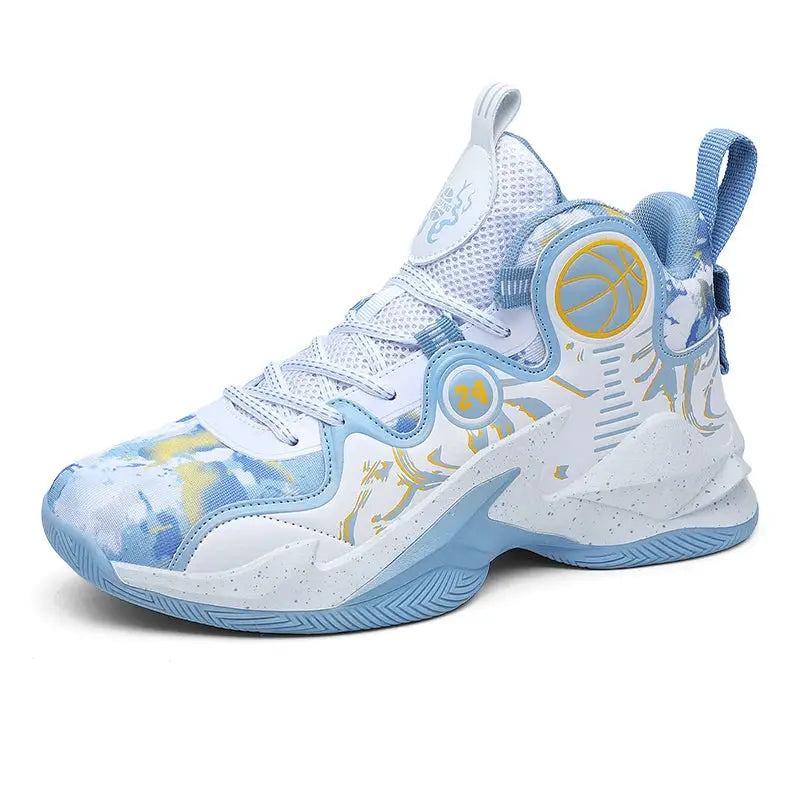 Blue graffiti men's basketball sneaker with breathable mesh and non-slip sole, ideal for outdoor training and casual wear.