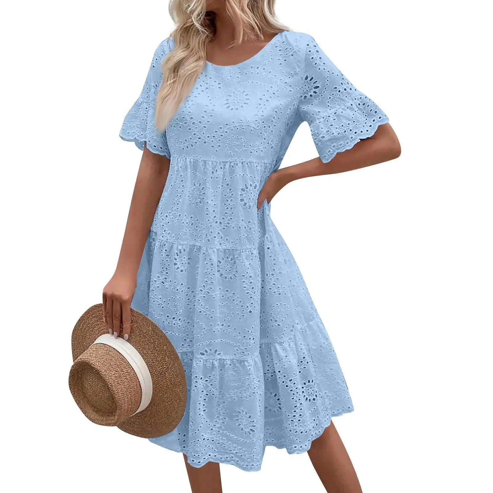 Women’s boho white lace dress, casual short sleeve sundress with pleats and hollow-out details