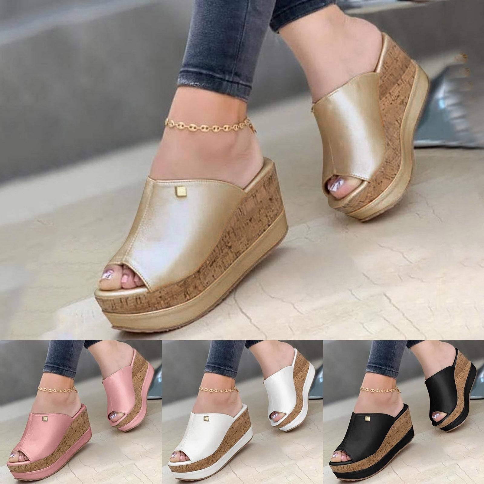 Women’s Roman-style wedge sandals in four solid colors with cork platform, ideal for casual and elegant summer daily wear.