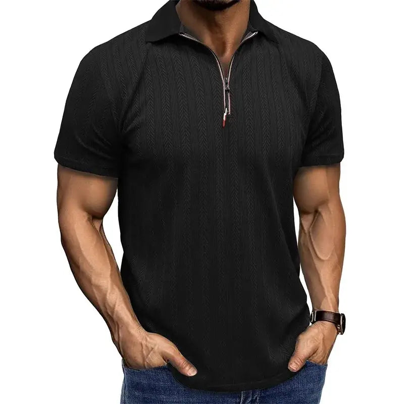 Men’s Jacquard Zip Polo Shirt – Short Sleeve Turn-Down Collar Top for Stylish Summer Casual Looks