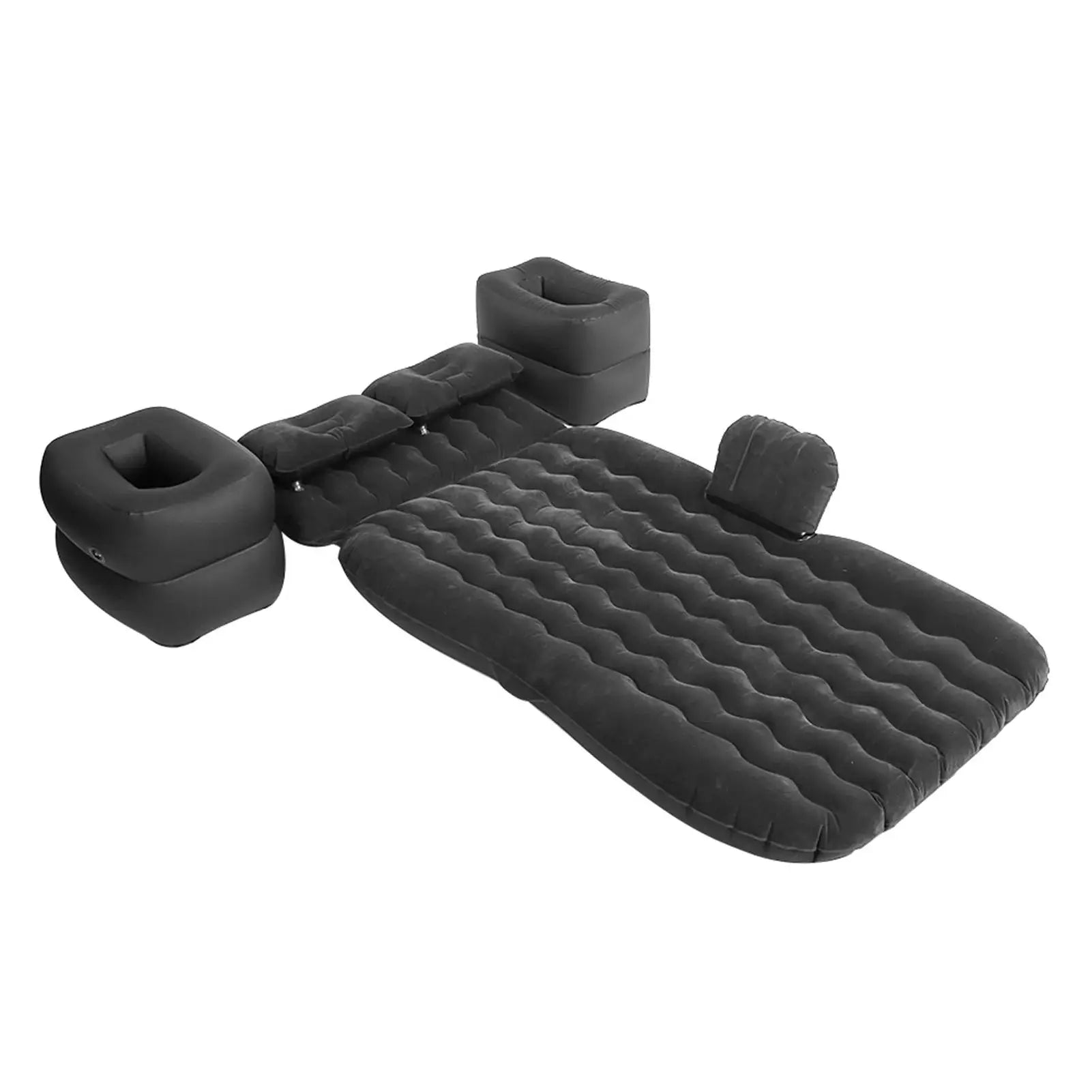 Angled view of black inflatable air mattress for car back seat with headrest and dual support cushions, suitable for camping and travel.