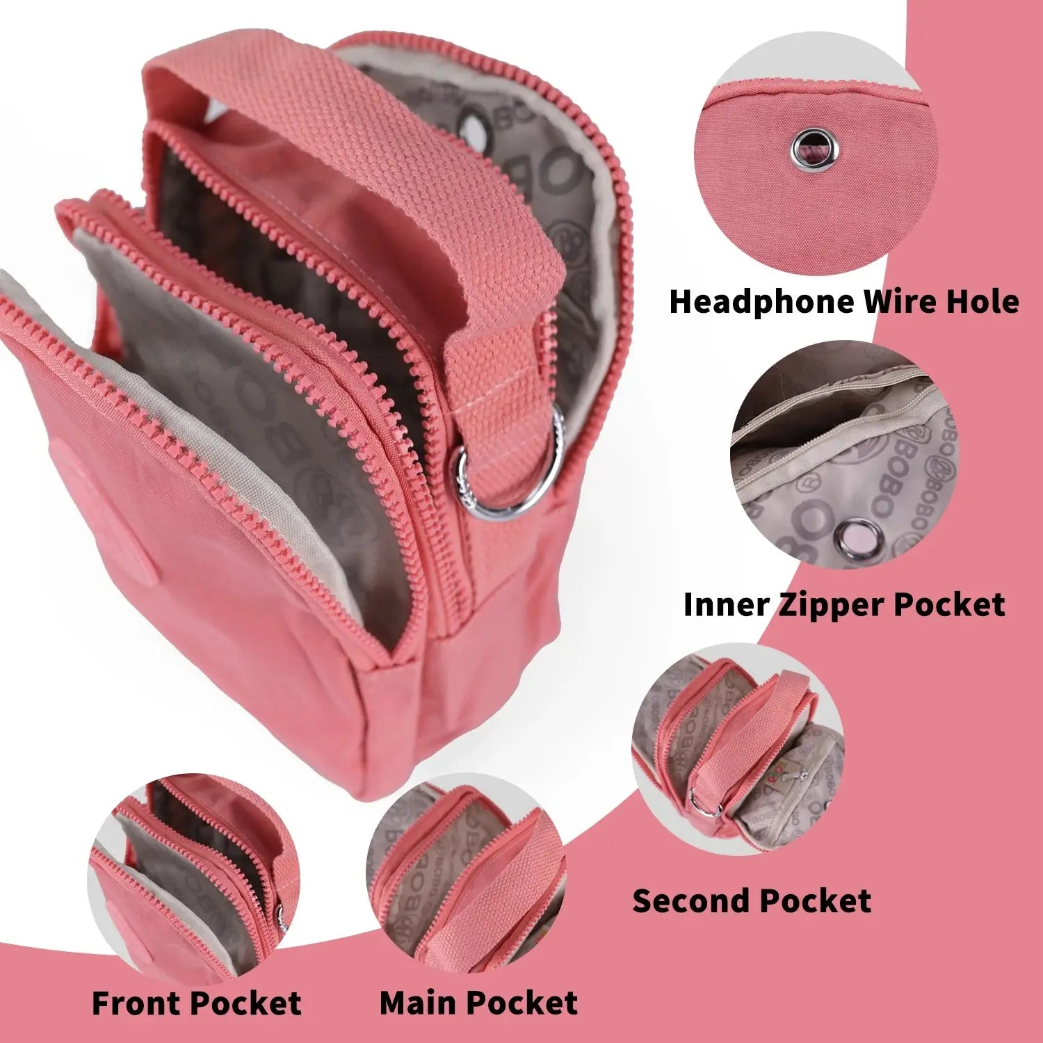 Detailed compartments of pink waterproof crossbody bag with headphone hole, inner zipper, and multiple pockets for organized storage.