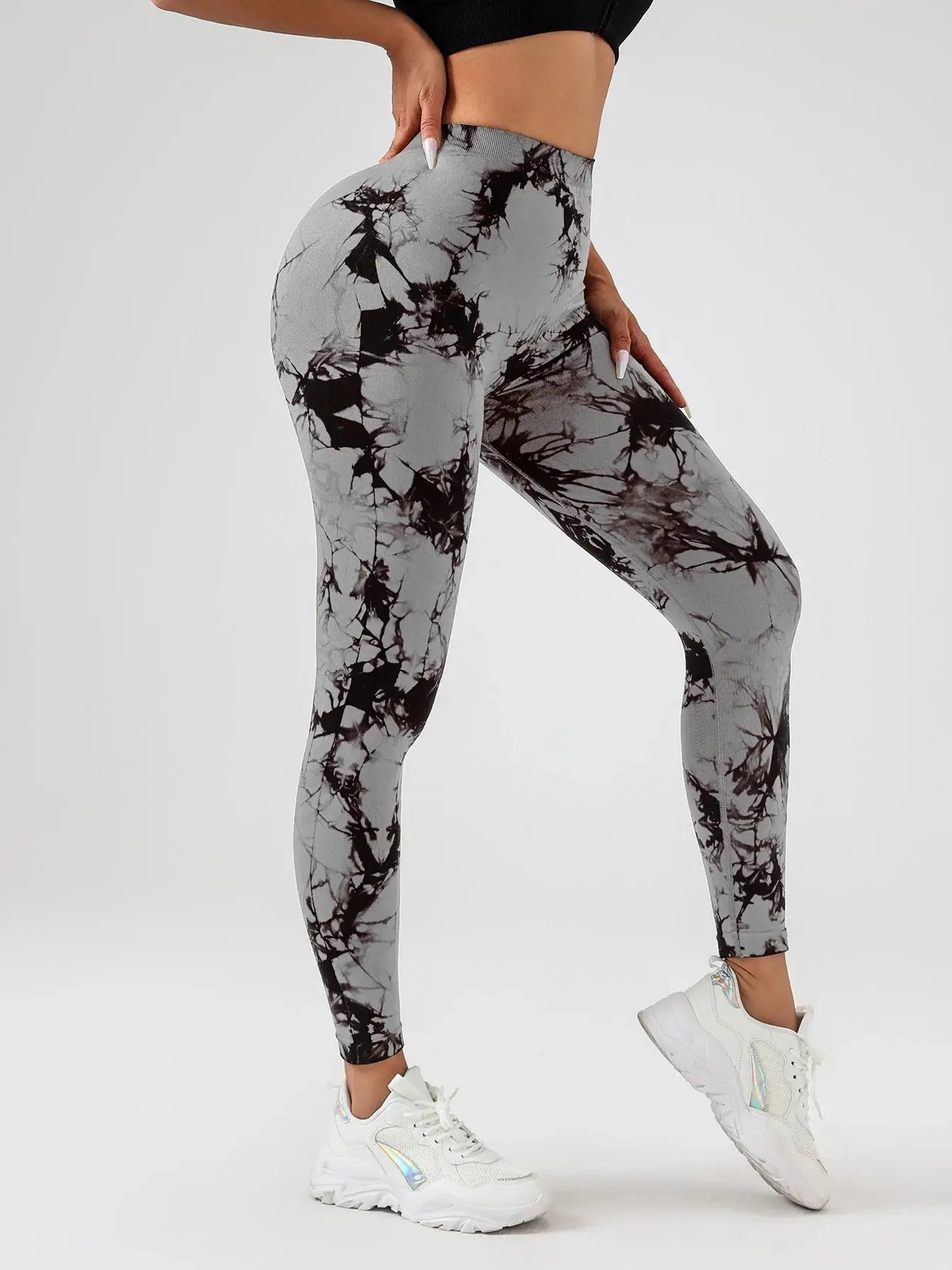US Women's Spandex Tie Dye Scrunch Butt Lifting High Waist Leggings in gray with black tie-dye pattern, ideal for activewear and gym outfits.