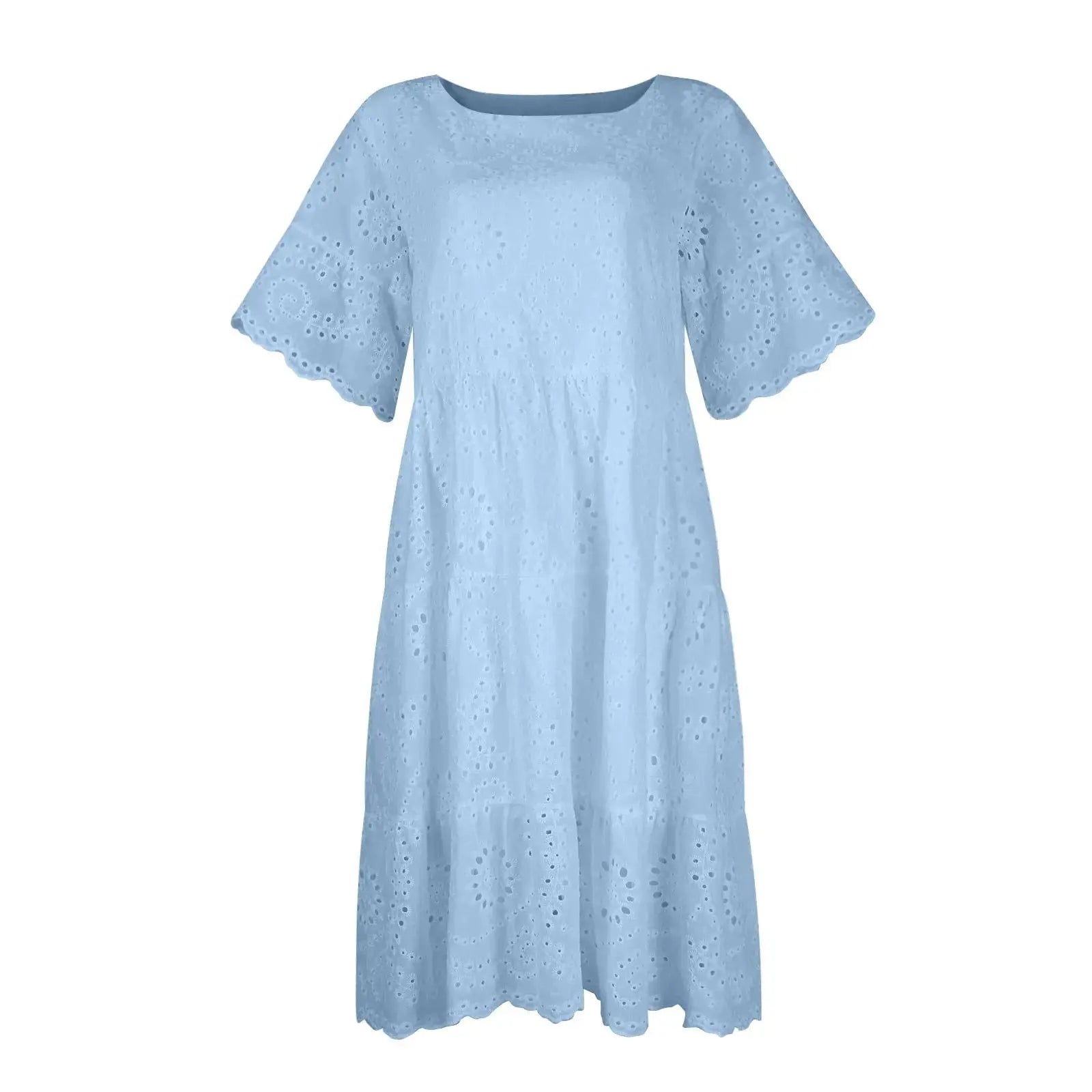 Women’s boho white lace dress, casual short sleeve sundress with pleats and hollow-out details
