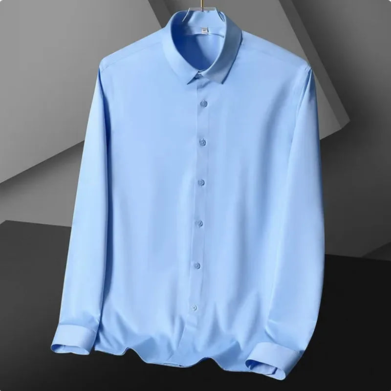 Light blue long sleeve men's shirt displayed on a hanger for formal wear.