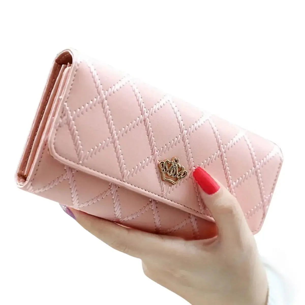 Women’s long PU leather wallet with crown detail, bifold card holder and phone organizer purse for daily use