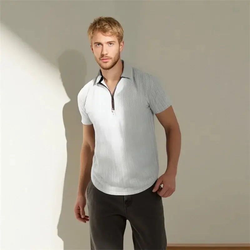 Men’s Jacquard Zip Polo Shirt – Short Sleeve Turn-Down Collar Top for Stylish Summer Casual Looks