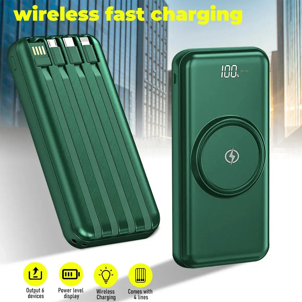 Wireless Power Bank 20000mAh Fast Charging with Built-in 4 Cables for iPhone 13–15 & Android Devices