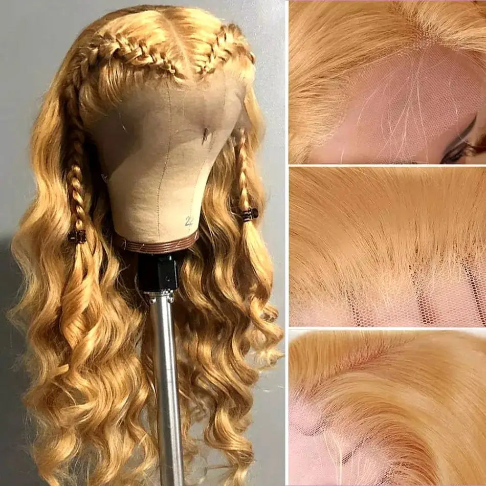 27 honey blonde 13x6 HD lace frontal wig, 200% density body wave, pre-plucked human hair wig