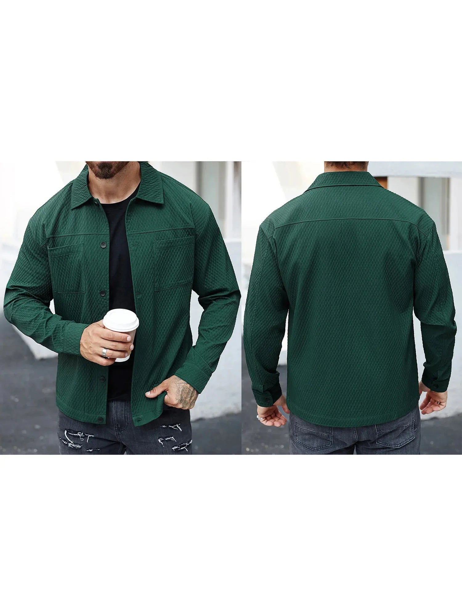 Casual Shirt Jacket Men with Solid Button Up Long Sleeves