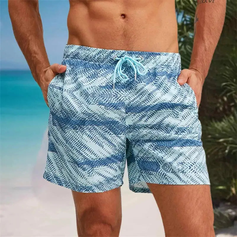 Men’s Quick-Dry Swim Trunks Tropical Palm Print Beach Shorts with Elastic Waist & Drawstring
