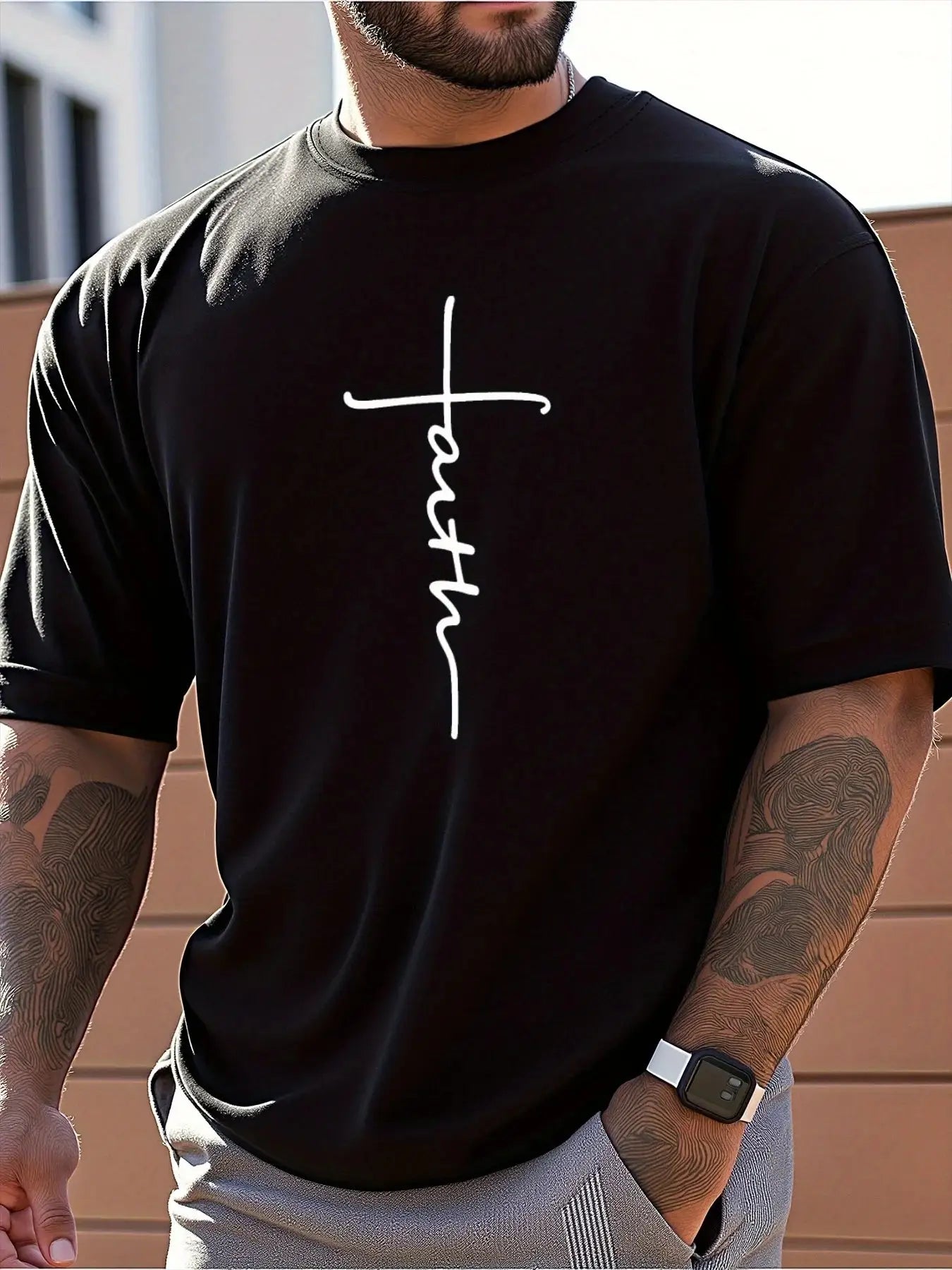 Mens Faith Cross T-Shirt 100% Cotton Loose Fit Casual Short Sleeve Streetwear