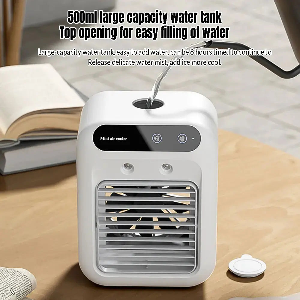 Mini Air Cooler Fan – 2-Speed USB Rechargeable Mist Humidifier with 500ml Water Tank & 1800mAh Battery for Home, Office & Dorm