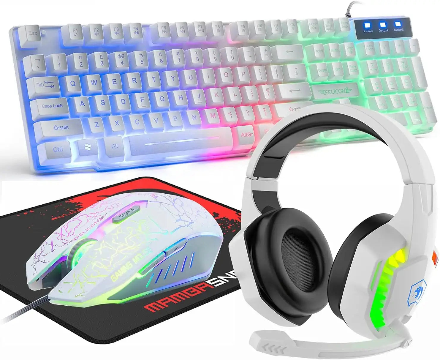 Gaming Combo Set, Wired Keyboard and Mouse with Rainbow LED Backlit and Headset for PC and Console