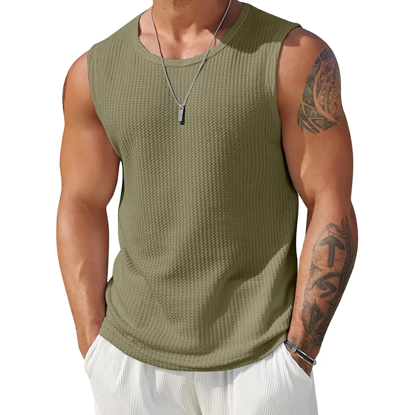Men’s Ribbed Knit Tank Top Solid Color Sleeveless Shirt for Workout, Bodybuilding & Streetwear