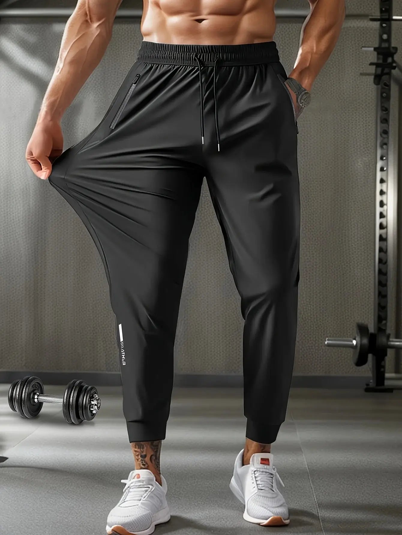 Black Mens Quick-Dry Training Pants with stretch fabric, drawstring waist, and zippered pockets, ideal for activewear and gym sessions.